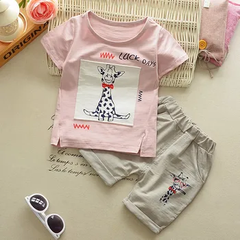Detská Detská tričká, Topy+Šortky 2PC Oblečenie Nastaviť Nové Chlapci Roztomilý Krátky Rukáv Cartoon Žirafa List tlač Detí Sady