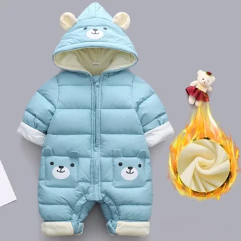 2020 Jeseň Zima Dieťa Snowsuit Cartoon Medveď Plus Velvet Teplé Novorodenca Remienky Detské Oblečenie Dievčat Batoľa Chlapci Jumpsuit