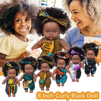 Čierne Africké čierne dieťa Americký roztomilé kučeravé bábika игрушки 8 palcový vinyl detská hračka roztomilé kučeravé vinyl detská hračka juguetes F4*
