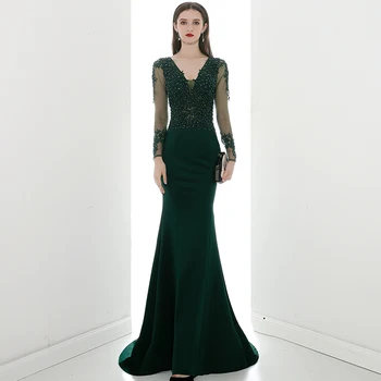 Luxusné Zelená Morská víla Večerné Šaty Pre Ženy 2020 Elegantného tvaru Luxusné, Ručne vyrábané Lištovanie Appliques Dlhý Rukáv Prom Šaty