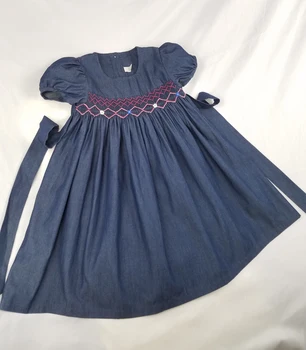 Letné baby dievčatá Denim Vintage šaty modrej smocked handmade svadobných deti oblečenie Princess Party butiky deti oblečenie