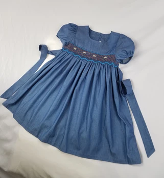 Letné baby dievčatá Denim Vintage šaty modrej smocked handmade svadobných deti oblečenie Princess Party butiky deti oblečenie