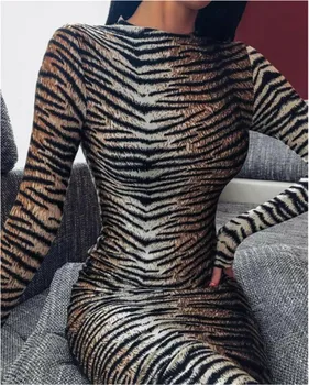 Najnovšie Módne Ženy Dlhý Rukáv Leopard Bodycon Midi Šaty Večerné Party Slim Fit Sundress