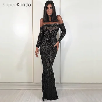 SuperKimJo Čierne Večerné Šaty Dlhé 2019 Ramena Iskrivý Korálkové Večerné Šaty Formálne Šaty Vestido De Festa