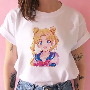 Harajuku Sailor Moon Tlač Krátky Rukáv Topy Tees Ženy móda Bežné Tričko Ženy Streetwear Dámy Top Gotický Tshirts