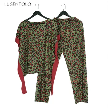 Lugentolo Ženy 2 Dielna Sada Voľné Zelená, Červená Farba Leopard Tlač Bežné Pol Dlhý Rukáv Top Straight-Leg Nohavice Žena Bežné Nastavenie
