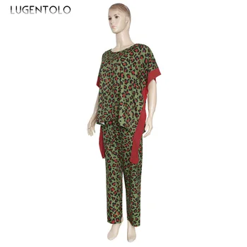 Lugentolo Ženy 2 Dielna Sada Voľné Zelená, Červená Farba Leopard Tlač Bežné Pol Dlhý Rukáv Top Straight-Leg Nohavice Žena Bežné Nastavenie