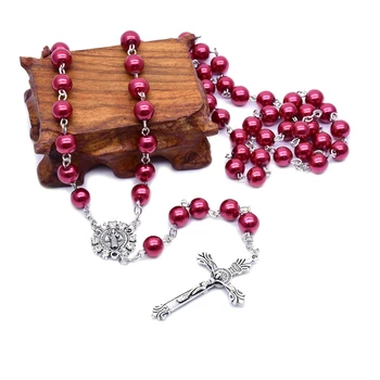 QIGO Katolíckej Šperky Kríž Perly Ruženca Náhrdelník Pre Ženy Dlho Strand Náhrdelník