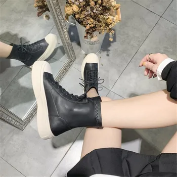2020 Jeseň Zima Hrubé Dno Topánky Robustný Platformu Členková Obuv Pre Ženy, Módne Kožené Šnurovacie Krátke Botas Zapatos De Mujer