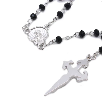 QIGO Black Crystal Ruženec Dlhý Náhrdelník Prívesok Kríž Katolíckej Šperky