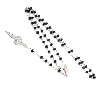 QIGO Black Crystal Ruženec Dlhý Náhrdelník Prívesok Kríž Katolíckej Šperky