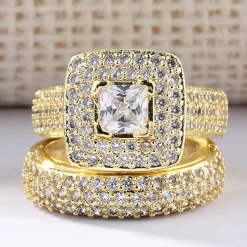 Luxusné 2pc Strieborný Zlatý Zásnubný Prsteň Sady Pre Ženy Rakúskeho Kryštálu Drahokamu Biela CZ Krúžok Svadba Nevesta Šperky Accessorie