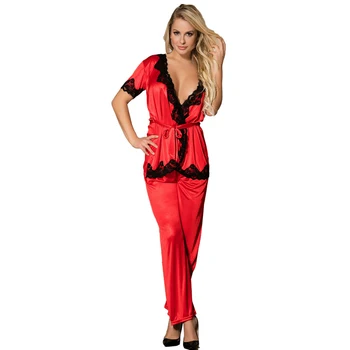 Dva kusy topy a nohavice pajama nastaviť červená čierna krátky rukáv dámske pyžamo priedušná saténové pyžamo nohavice čipky sleepwear RW70224
