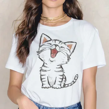 Nový Letný Zábavný Black Cat T-Shirt Cartoon Ženy Vytlačené Tričko Soft Krátky Rukáv Ženy Biele Topy Módne Oblečenie Tees