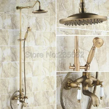 Retro na Stenu Antique Brass Zrážok Kúpeľňa Daždi Batérie, Sada Dvojitá Rukoväť Vaňou zvukový Pult Na + Ručné Sprchy Sprej lrs245