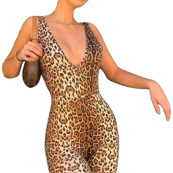 2020 Módne Ženy Jumpsuit Leopard Bez Rukávov Hlboko V Krku Playsuit Klubu A Sexy Nosenie Romper