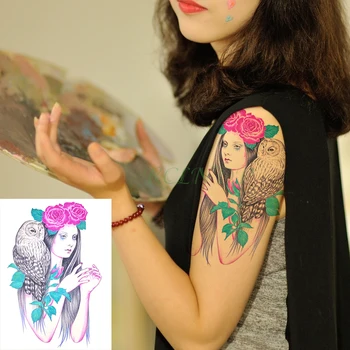Nepremokavé Dočasné Tetovanie Nálepky Sova Rose Krásy dievča Body Art Falošné Tatto Flash Tetovanie Tatouage Nohu, Rameno pre Ženy Muži