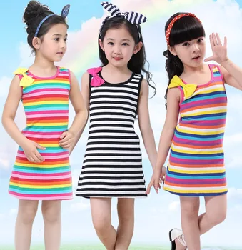 2016 Teplej a Nové Dievčatá Luk šaty Detí Šaty Rainbow Farebný Prúžok bez Rukávov Deti, Dievčatá Šaty