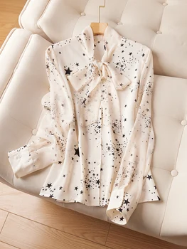 Hviezdy, Blúzky, veľké voľné tričko zrelé 2021 jarné módne dlhý rukáv top biely Elegantný luk dámske tričko Šifón Tenké tričko