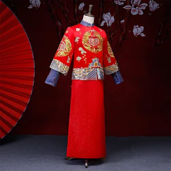 Červená Ženícha Vintage Voľné Cheongsam Tradičné Čínske Svadobné Šaty Saténové Qipao Výšivky Dragon Kostým Vestido Orientálna Pánska