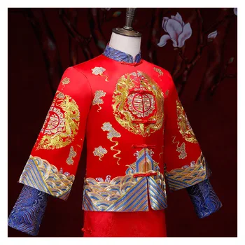 Červená Ženícha Vintage Voľné Cheongsam Tradičné Čínske Svadobné Šaty Saténové Qipao Výšivky Dragon Kostým Vestido Orientálna Pánska