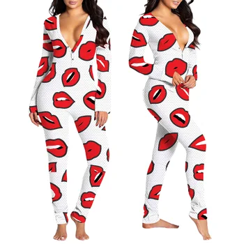 Pohodlné Ženy Domáce oblečenie Kombinézach Hot Predaj Cartoon Tlačidlo Tlačiť tvaru Dlhý Rukáv Chudá Sleepwear Remienky 2021 Jar