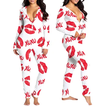 Pohodlné Ženy Domáce oblečenie Kombinézach Hot Predaj Cartoon Tlačidlo Tlačiť tvaru Dlhý Rukáv Chudá Sleepwear Remienky 2021 Jar