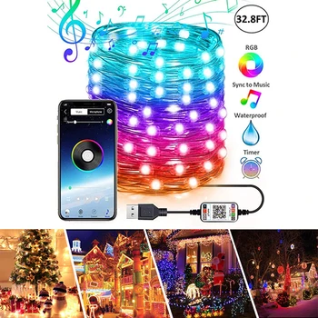Vianočný Strom Dekorácie Bluetooth Aplikáciu Diaľkové Ovládanie LED Reťazec Svetlo Víla Svetlo Lampy Slávnostné Osvetlenie String Hudby Nepremokavé
