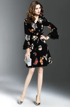 Móda Tlač Vintage Šaty 2019flare Rukáv Streetwear tvaru Dámske Oblečenie Luk Spojov Vysoký Pás A-line Čierne Šaty