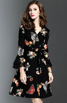 Móda Tlač Vintage Šaty 2019flare Rukáv Streetwear tvaru Dámske Oblečenie Luk Spojov Vysoký Pás A-line Čierne Šaty