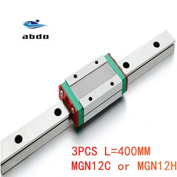 3ks 12 mm Lineárny Sprievodca MGN12 L= 400mm lineárne železničnej cesty + MGN12C alebo MGN12H Dlhé lineárne prepravu pre CNC XYZ Osi