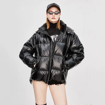 Zimné módne značky, lesklej tkaniny s kapucňou kačica dole kabát žena zips, šitie nadrozmerná super hrubšie teplá nadol parkas wq597