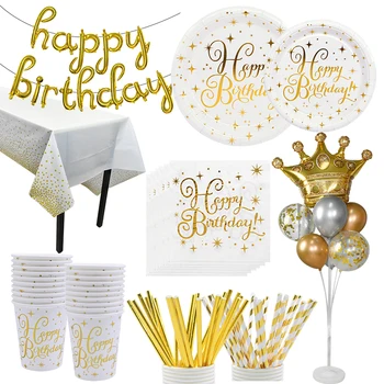 Zlaté Happy Birthday Party Jednorázový Riad Nastaviť Papierové Poháre Taniere Slamky Banner Latexové Balóny Deti Narodeniny Dekor Dodávky