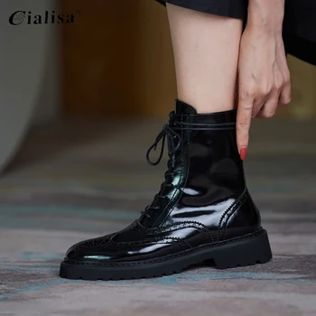 CIALISA Chelsea Boots Nový Dizajn Čipky Nízke Pätu pravej Kože Členok Boot Ženy 2020 Módne Kolo Prst Robustný Podpätky, Topánky