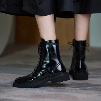 CIALISA Chelsea Boots Nový Dizajn Čipky Nízke Pätu pravej Kože Členok Boot Ženy 2020 Módne Kolo Prst Robustný Podpätky, Topánky