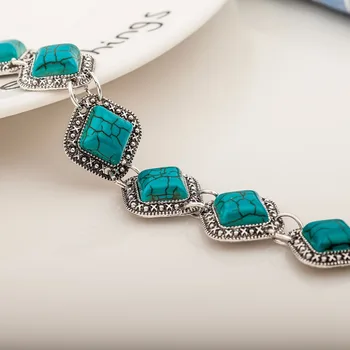 Najnovšie Klasický Štvorec Zelenej Turquoises Náramok Ženy Vintage Šperky, Módne Strieborná Farba Reťaz Prepojenie Náramky Dobrej Kvality