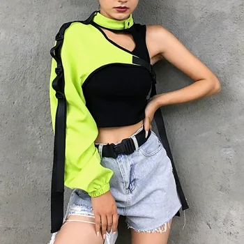 ZKYZWX Reflexné Neon Zelená Jedno Rameno Hore Harajuku Punk T Shirt Ženy Patria Clother Nepravidelný Pracky Dlhý Rukáv Orezať Začiatok