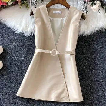 Móda Elegantné PU Kožené tvaru Vesta Jar Jeseň Ženy Slim vesta s pásu