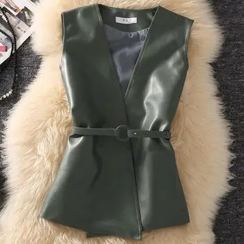 Móda Elegantné PU Kožené tvaru Vesta Jar Jeseň Ženy Slim vesta s pásu