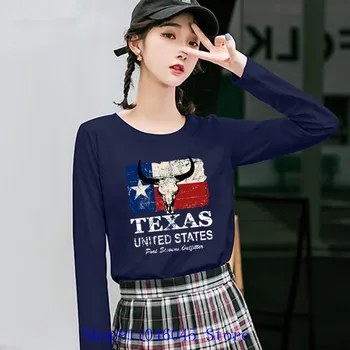 Vytlačené v USA Americký Texas Bull Flag T-Shirts Ženy Grafické Vlastné Dlhý Rukáv Ultra Bavlna Posádky Tričko