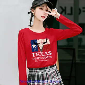 Vytlačené v USA Americký Texas Bull Flag T-Shirts Ženy Grafické Vlastné Dlhý Rukáv Ultra Bavlna Posádky Tričko