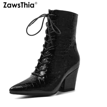 ZawsThia 2020 zimné nový patent PU koža hada vzor žena, členkové topánky šnurovacie robustný vysoké podpätky martin topánky veľkosť 41 42 43