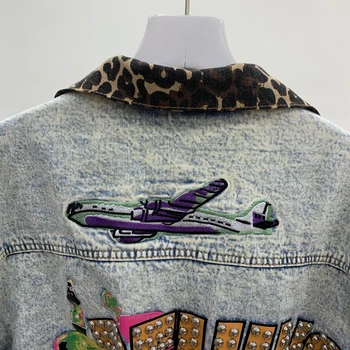 Jeans Bunda Ženy Výšivky Nit Korálkové Denim Jacket Módne Leopard Klope Denim Coats Žena Umyté Voľné Harajuku Jean Kabát