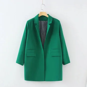 Elegantné ženy jeseň sako obyčajný farba stredne dlhé dizajn dlhý rukáv office lady sako zelená čierna plus veľkosť 3XL
