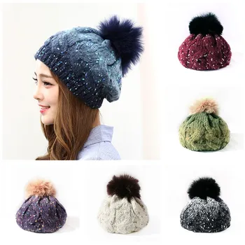 Tie-dye gradient čiapky, teplé roztomilý vlnená čiapka dievča ženy jeseň a zimu prechod farieb veľké vlasy loptu pletené klobúk