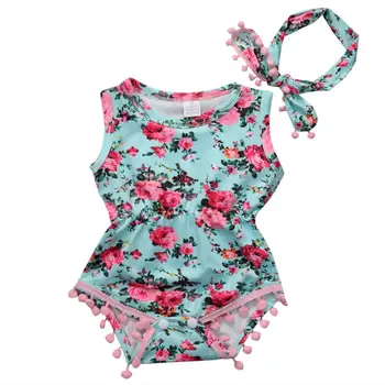 2020 Nové Fahsion Novonarodené Dievčatká Letné Oblečenie Kvetinový Pom Pom Romper Jumpsuit Sunsuit Oblečenie