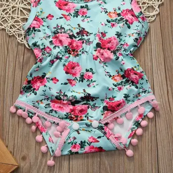2020 Nové Fahsion Novonarodené Dievčatká Letné Oblečenie Kvetinový Pom Pom Romper Jumpsuit Sunsuit Oblečenie