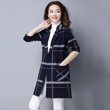 2019 jesenné a zimné nové farby zodpovedajúce dlhé svetre žien cardigan kockovaný kabát voľné sveter kabát