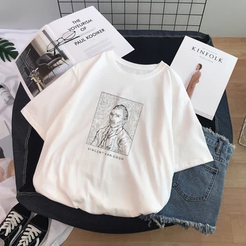 Harajuku divertente disegno v bianco e nero di Van Gogh stampa a maniche corte T-Tričko chic-O-Collo casuale femminile T-shirt