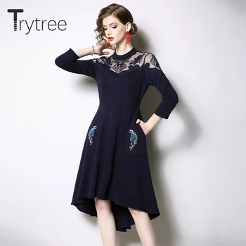 Trytree Jeseň Zima Ženy Bežné Šaty O-krku Výšivky Vrecká Módne, Elegantné A-Line podkolienok Office Lady Modré šaty